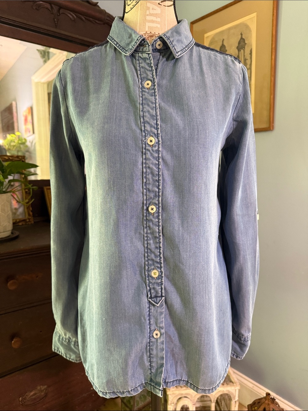 Holding Horses Anthropologie Chambray Blue Embroidered Button Down Shirt XS - Picture 5 of 15